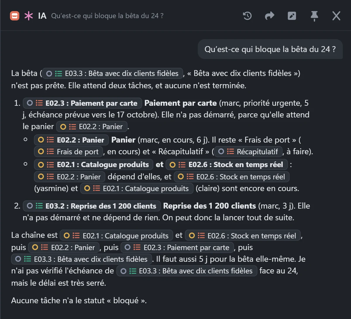 Le panneau IA : à la question « Qu’est-ce qui bloque la bêta du 24 ? », l’IA répond avec les tâches en cause, chacune sous forme de lien, et la chaîne des dépendances.