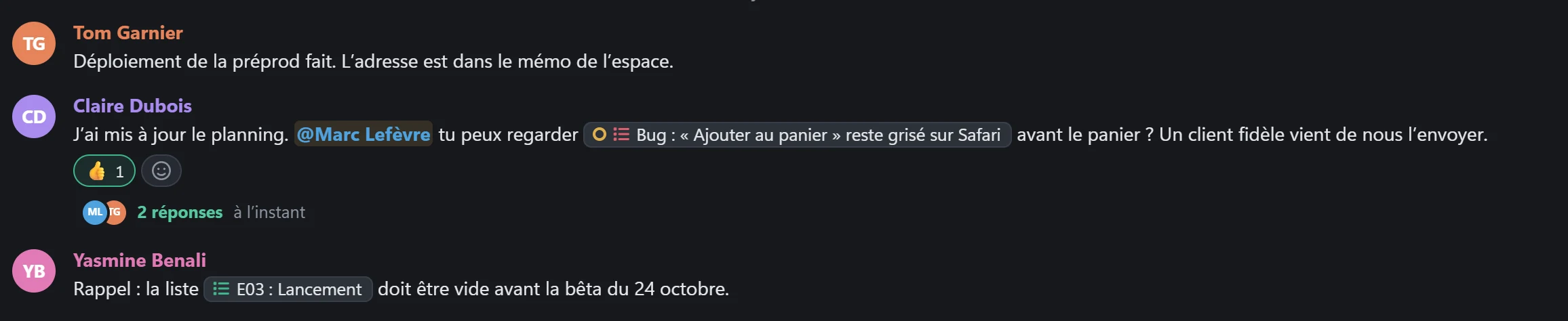 Le salon #général : Claire demande à Marc de regarder la tâche du bug, avec un lien vers cette tâche ; deux réponses suivent sous son message.