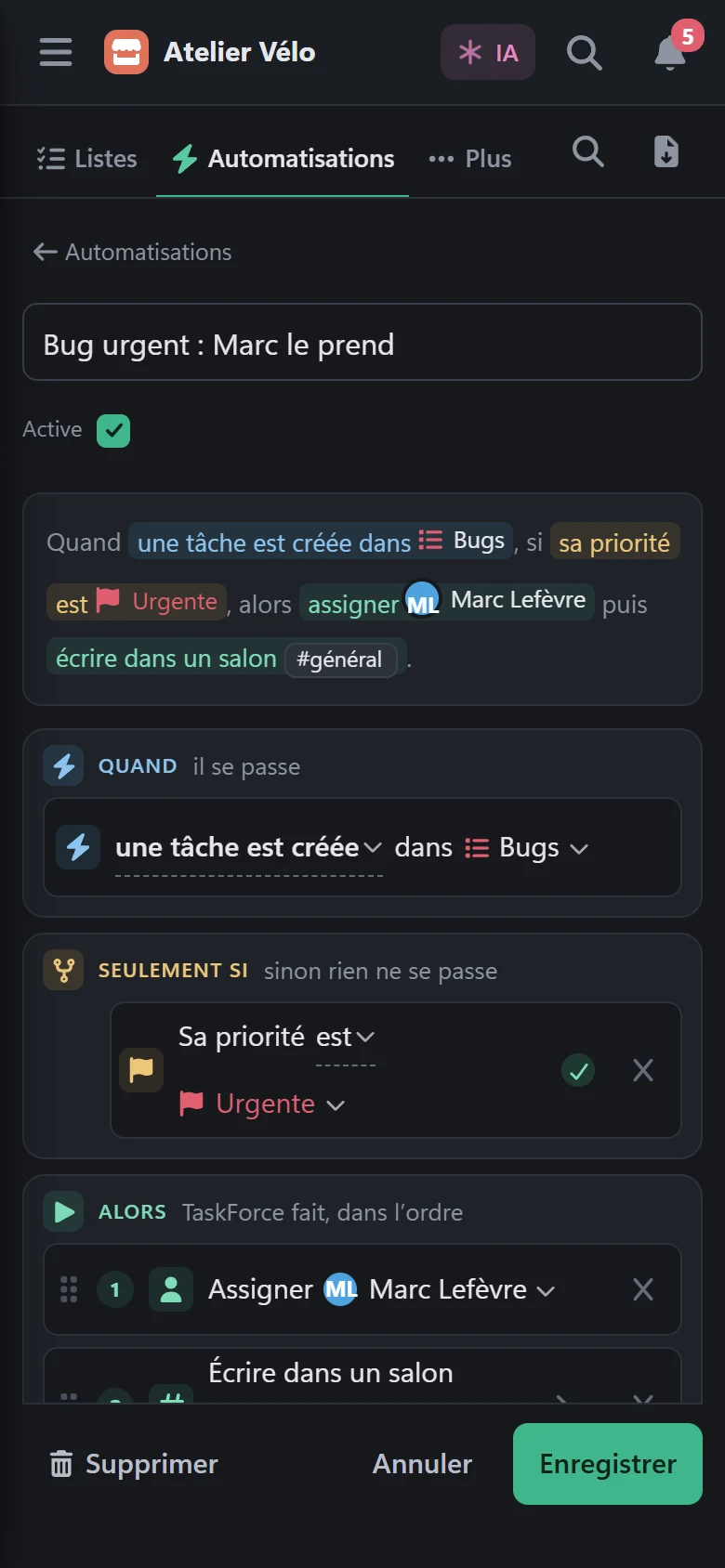 La règle « Bug urgent : Marc le prend » ouverte sur un téléphone : son nom, sa phrase en clair, puis les parties Quand, Seulement si et Alors.
